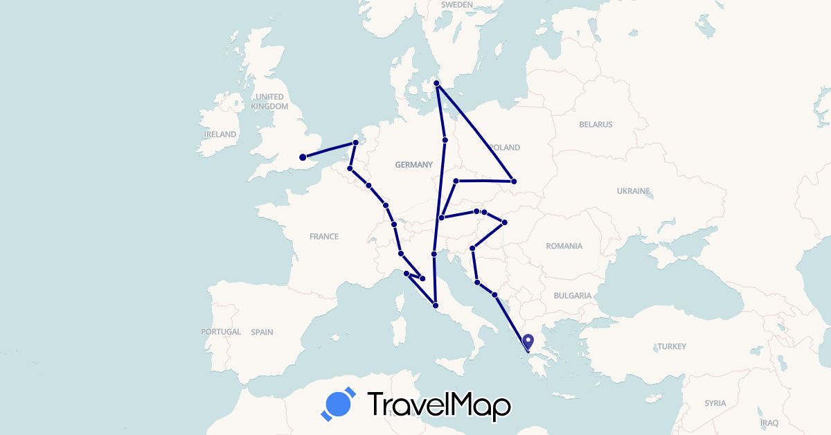 TravelMap itinerary: driving in Austria, Belgium, Switzerland, Czech Republic, Germany, Denmark, France, United Kingdom, Greece, Croatia, Hungary, Italy, Luxembourg, Netherlands, Poland, Slovakia (Europe)